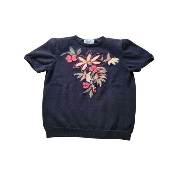 Womens Petite Small Alfred Dunner Short Sleeve Sweater Black Embroidered Beaded - Picture 1 of 5